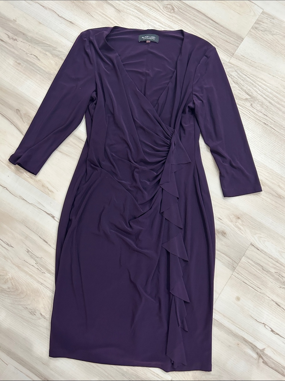Black Label Plum Faux-Wrap Ruffle Sheath Dress